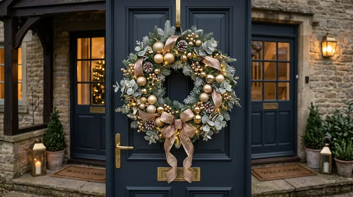 Luxury Christmas wreath with gold ornaments, glittering ribbon, frosted eucalyptus, and sparkling lights.